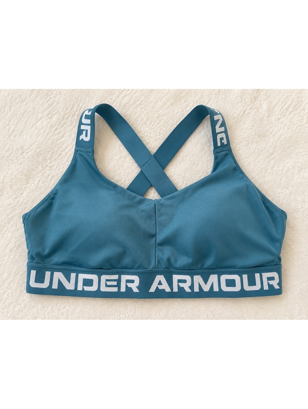 Under Armour Crossback Strappy Low Sports Bra Teal Blue Logo Band Size XL
